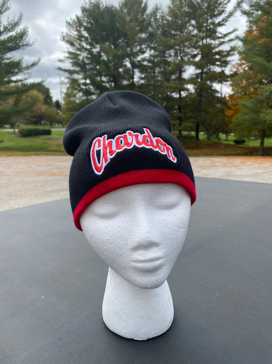 Embroidered Black with Red Stripe Beanie