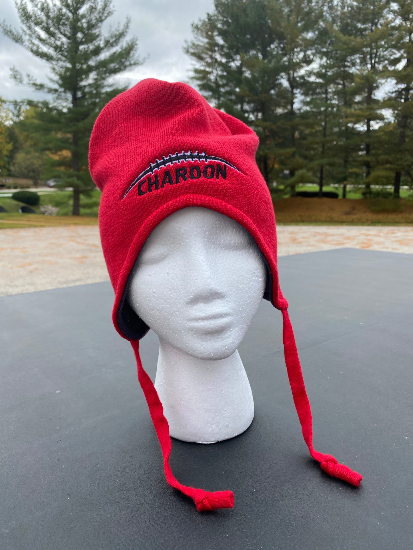 Embroidered Red Richardson Snow Hat with Chardon Football Logo